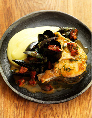 Braised Hake with Mussels, Chorizo and Olive Oil Mash Post