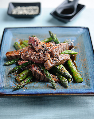 BBQ rib eye, British asparagus and teriyaki sauce POST