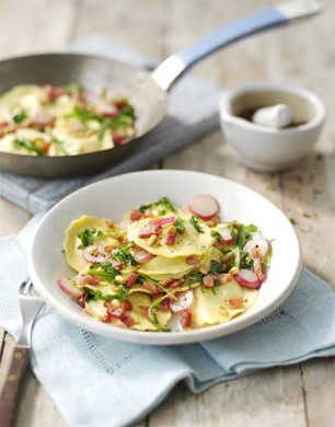 Crumbly Ricotta, Shredded Baby Spinach Mascarpone Ravioli with Pancetta, Radish  Wilted Rocket