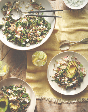 Grilled avocado barley bowl